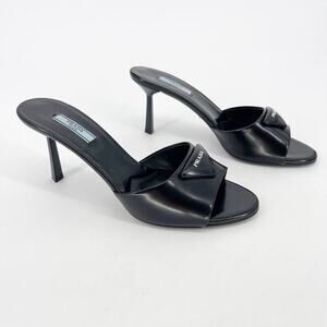 Prada Black Brushed Leather Padded Logo 75mm Open Toe Sandal Mule size IT 40
